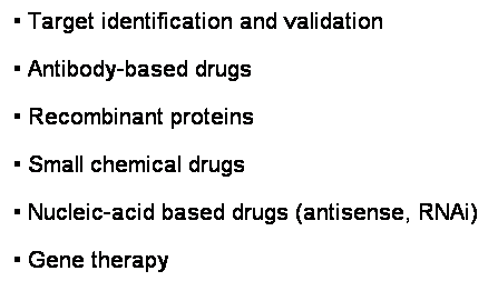 Text Box: � Target identification and validation 
� Antibody-based drugs
� Recombinant proteins
� Small chemical drugs
� Nucleic-acid based drugs (antisense, RNAi)
� Gene therapy
